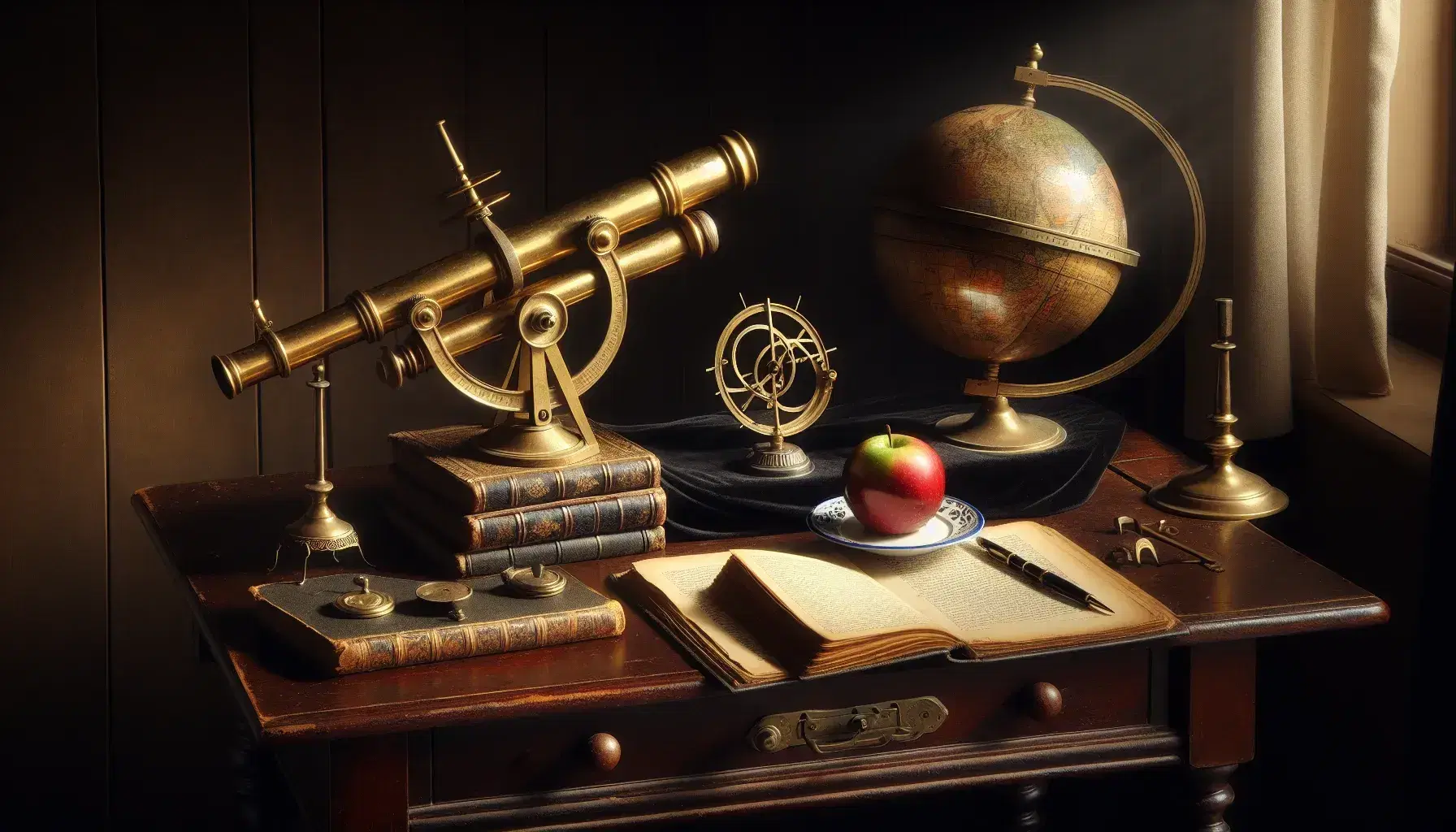 Escritorio antiguo de madera con telescopio de latón, esfera armilar, prisma de vidrio, manzana en plato y libro abierto bajo luz natural.