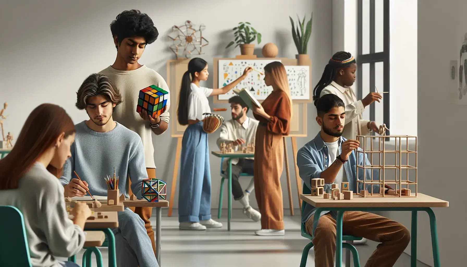 South Asian student solves a Rubik's cube, Hispanic student plays a drum, white student paints, black student reads, black student builds with blocks, Middle Eastern student examines plant.