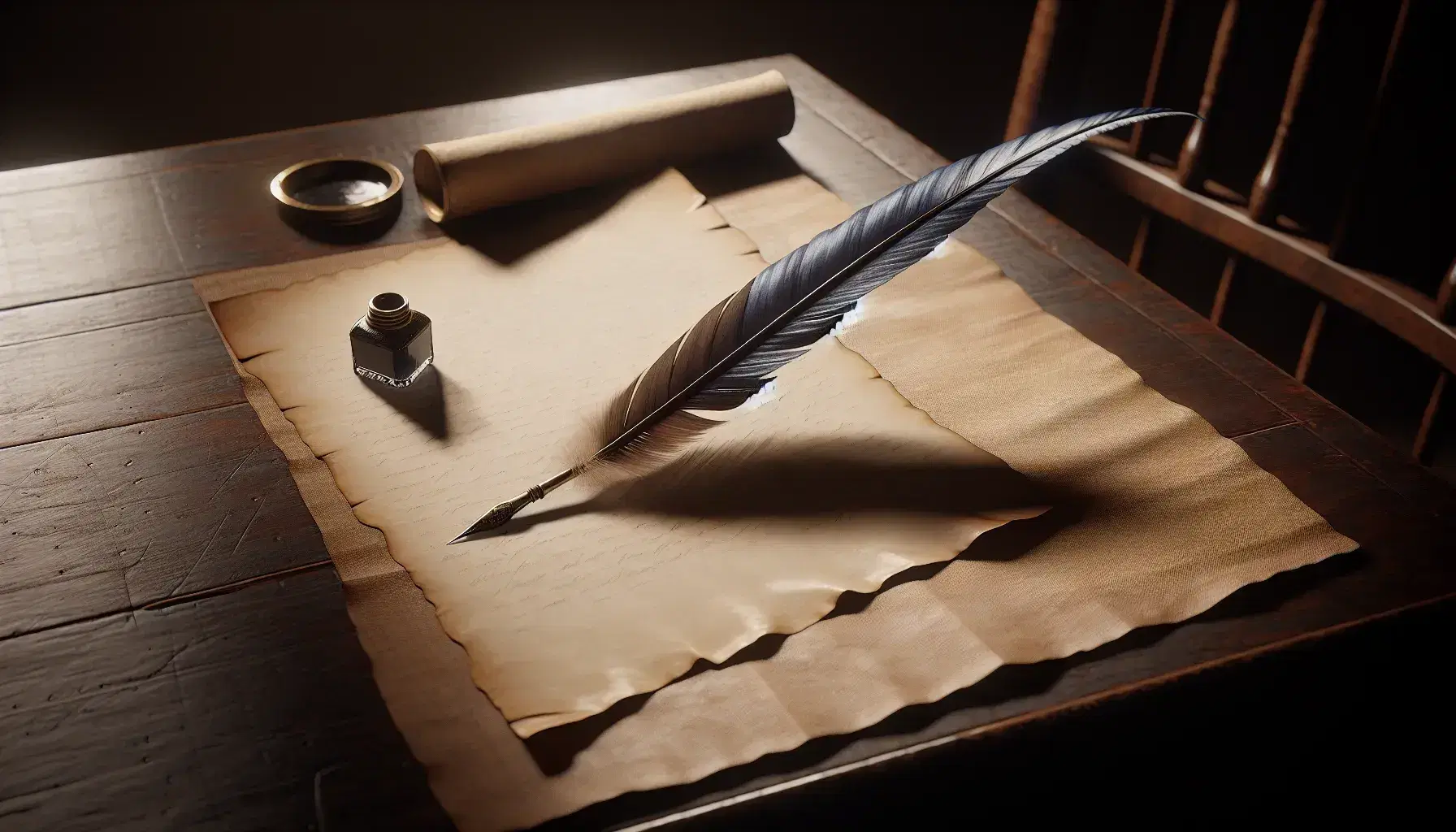 Quill pen on aged parchment with curled edge, beside a brass inkwell on a dark wooden desk, with a blurred wooden chair in the background.