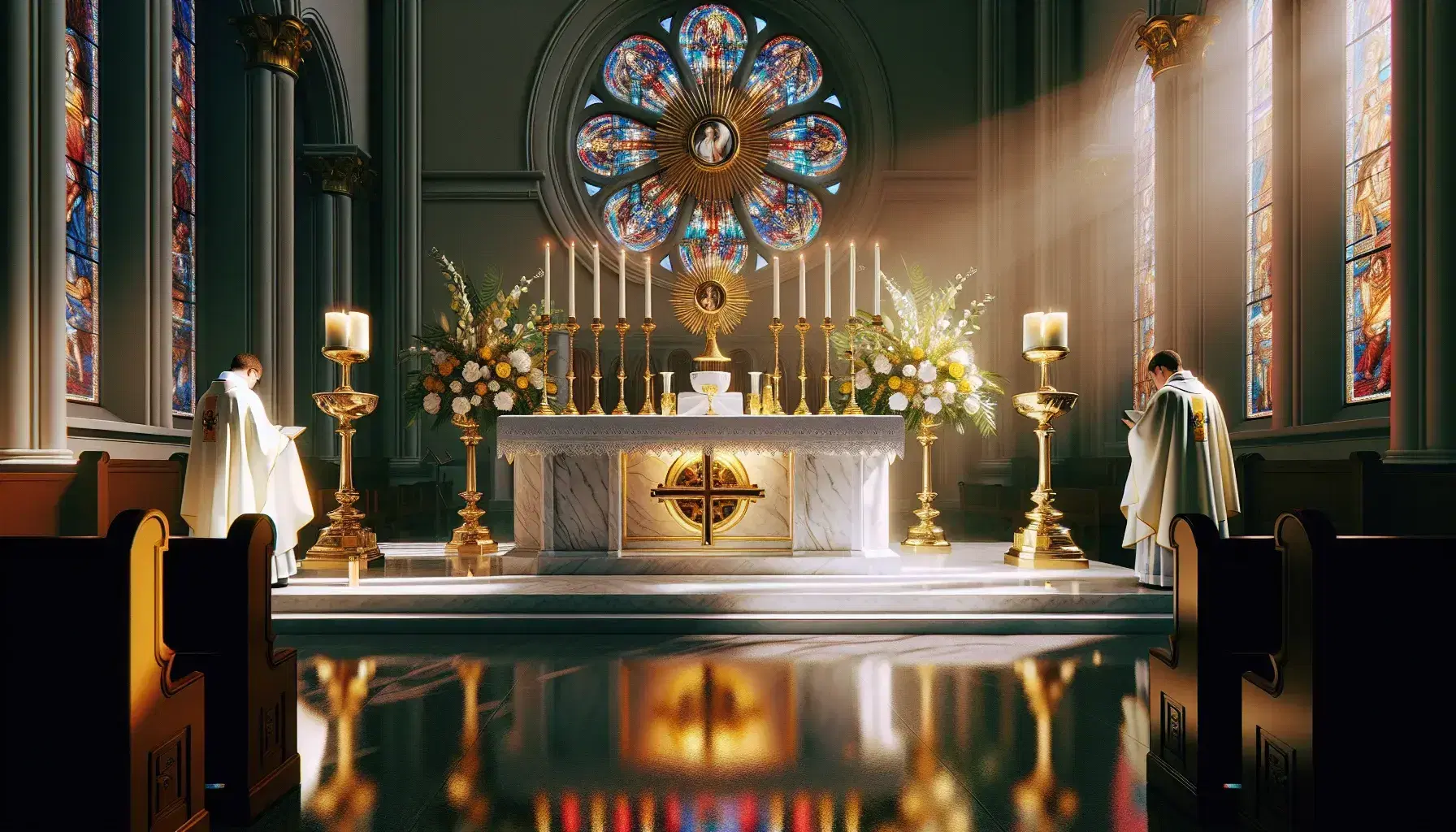 Altare di chiesa cattolica con calice dorato e ostensorio durante celebrazione eucaristica, sacerdote in preghiera, candelabro acceso e fiori.