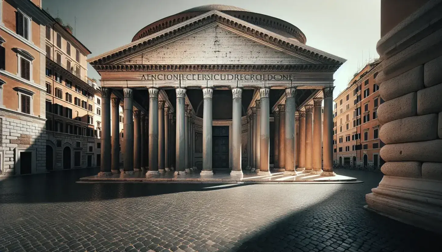 Vista parcial del Panteón de Agripa en Roma con su fachada de columnas de mármol y cúpula ocre bajo un cielo azul claro, rodeado de turistas en una plaza adoquinada.