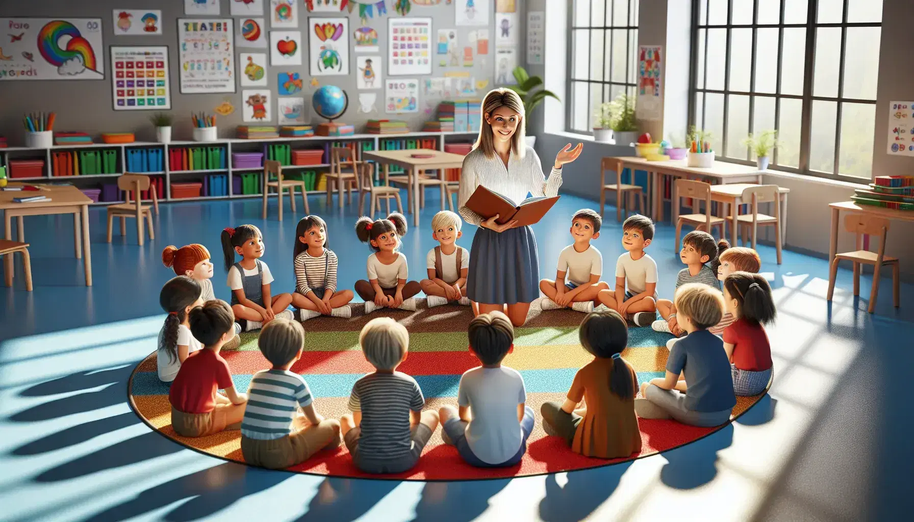 Bambini attenti seduti in cerchio su tappeto colorato ascoltano insegnante che legge libro in aula luminosa.