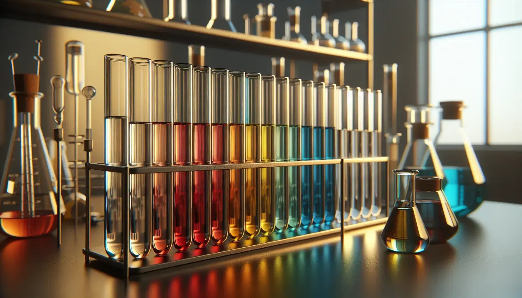 Tubos de ensayo de vidrio con líquidos de colores en gradiente desde amarillo pálido hasta azul intenso, ordenados en soporte metálico con material de laboratorio desenfocado al fondo.