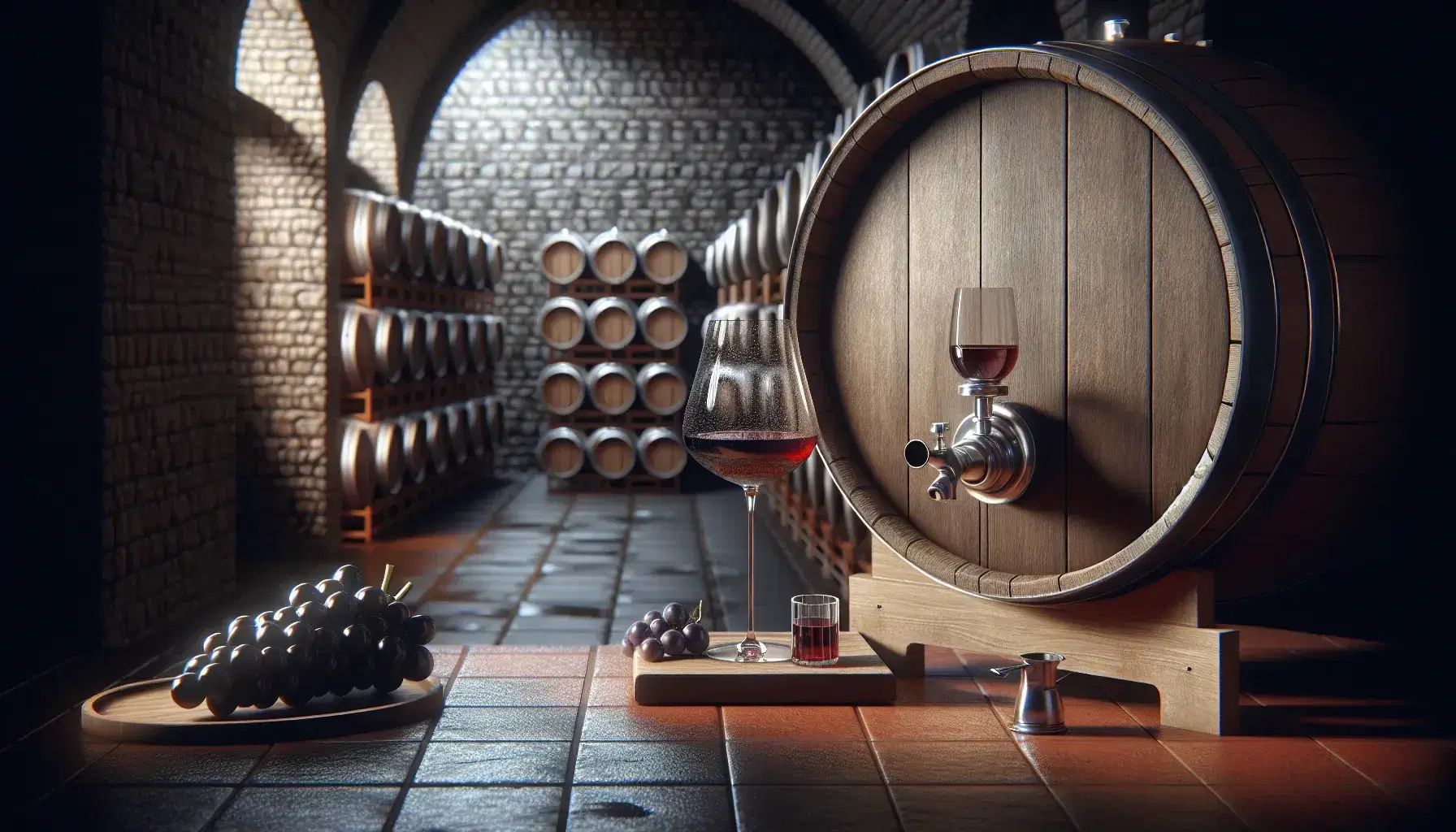 Cantina con botte di legno, bicchiere di vino rosso, grappolo d'uva, microscopio e provette su tavolo, in atmosfera accogliente.