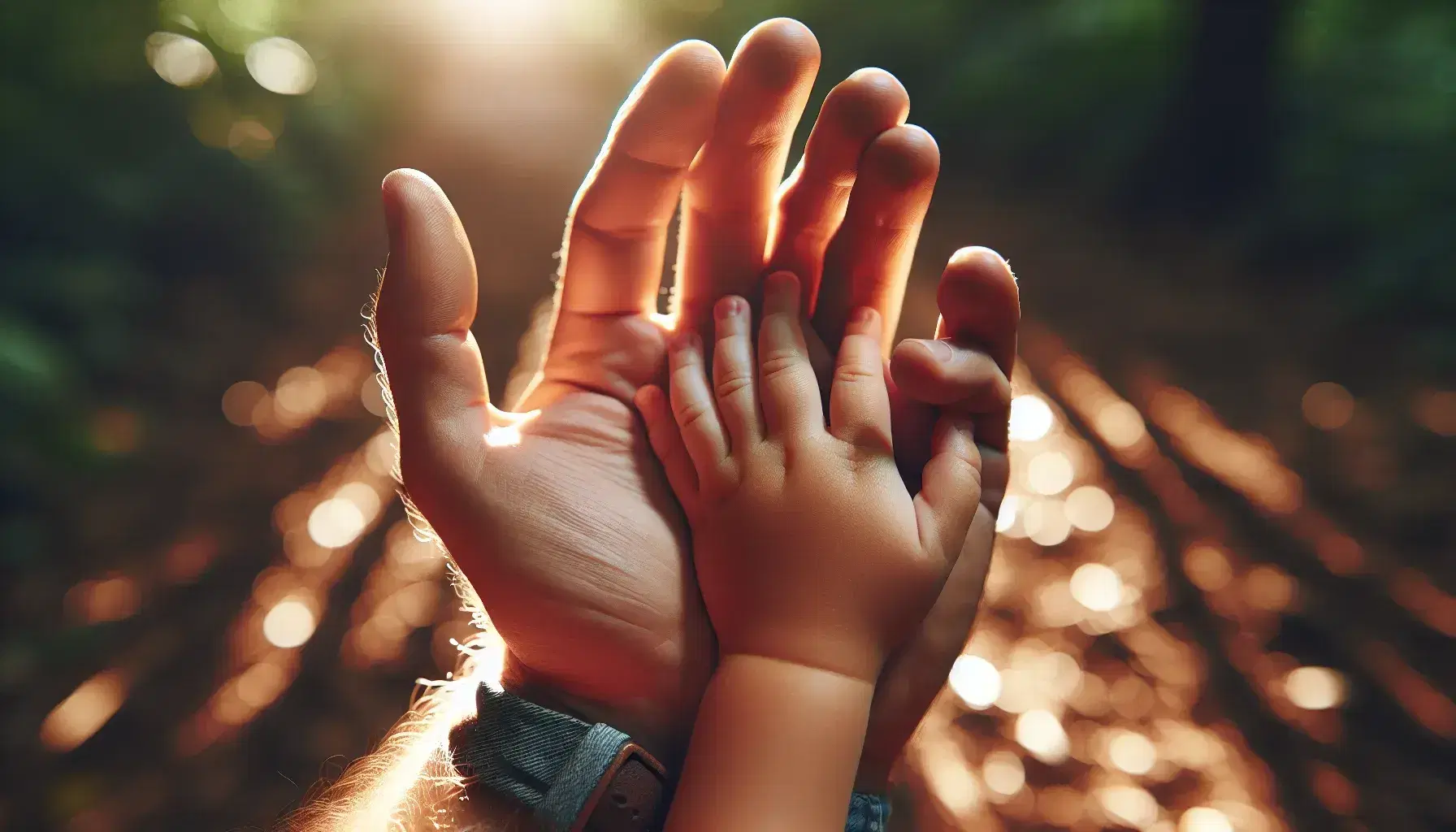 Manos entrelazadas de un adulto y un niño en un fondo natural desenfocado, con luz solar creando un patrón de luces y sombras.