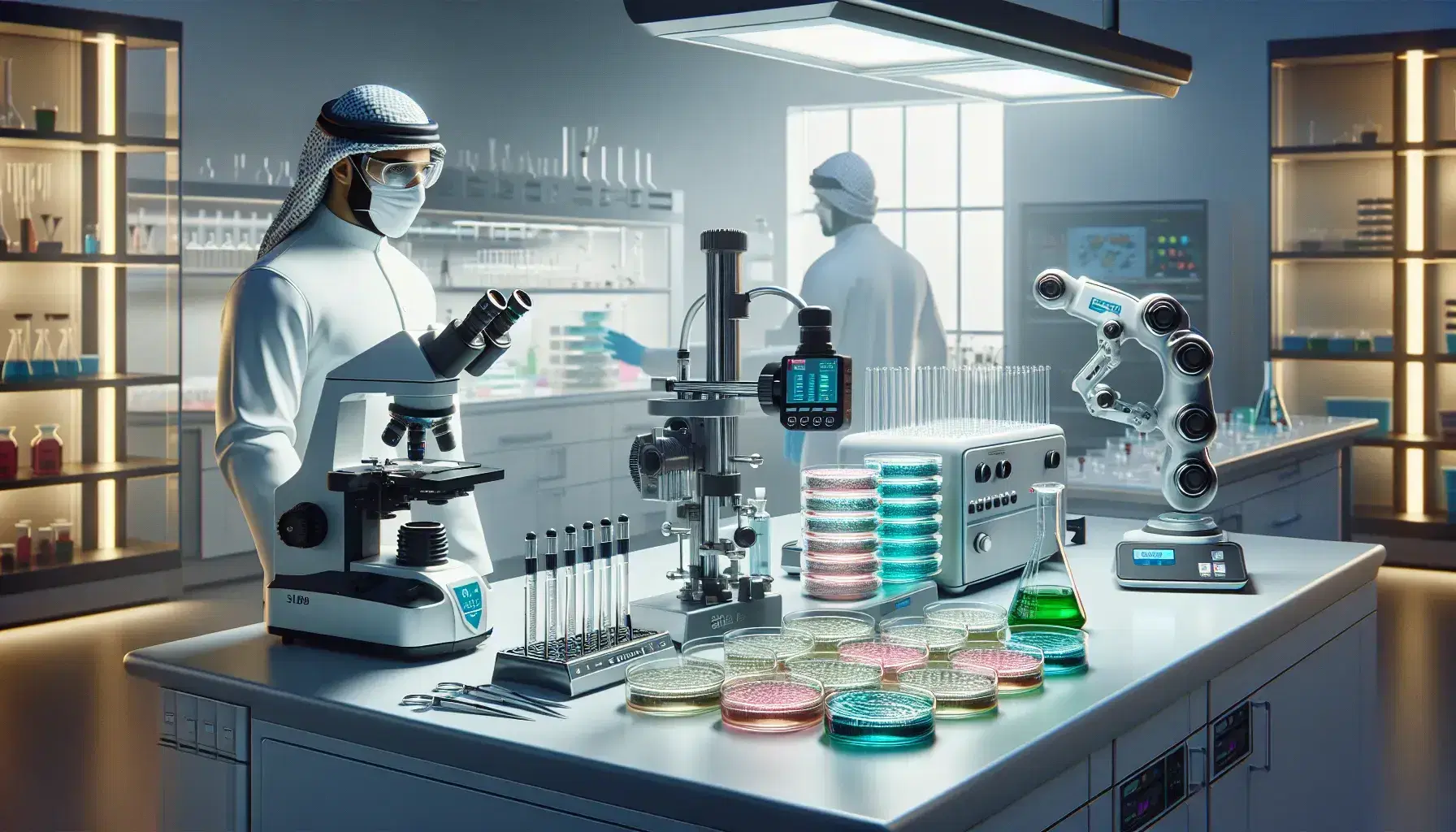 Modern biotechnology lab with digital microscope, petri dishes on bench, robotic pipetting system, and scientist examining flask near fume hood.