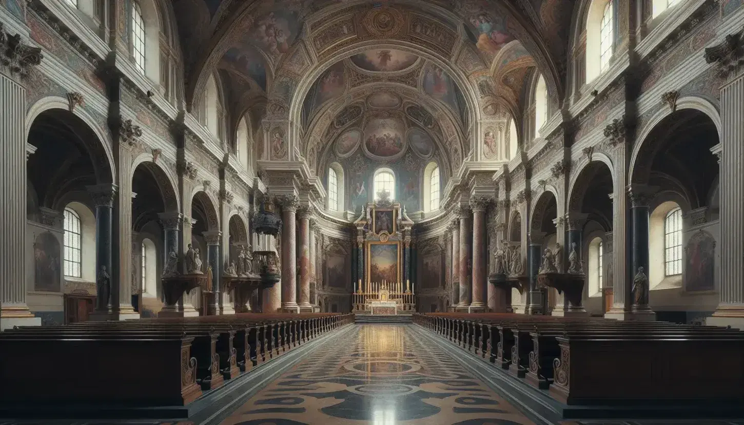 Grand church interior with high vaulted ceilings, marble altar, and intricate frescoes, illuminated by natural light from tall arched windows.