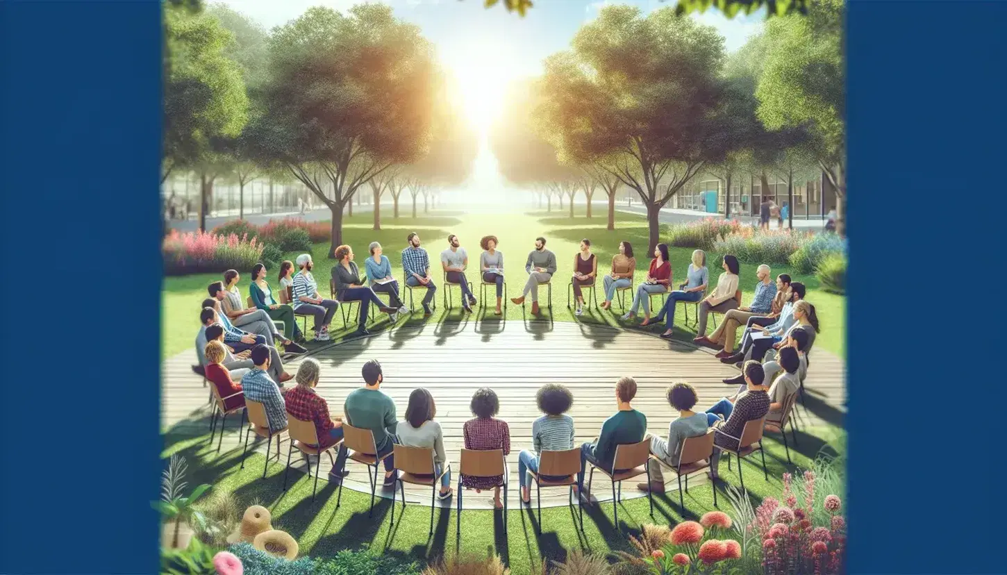 Grupo diverso de personas sentadas en círculo en un parque dialogando activamente, con árboles y flores coloridas en el fondo en un día soleado.