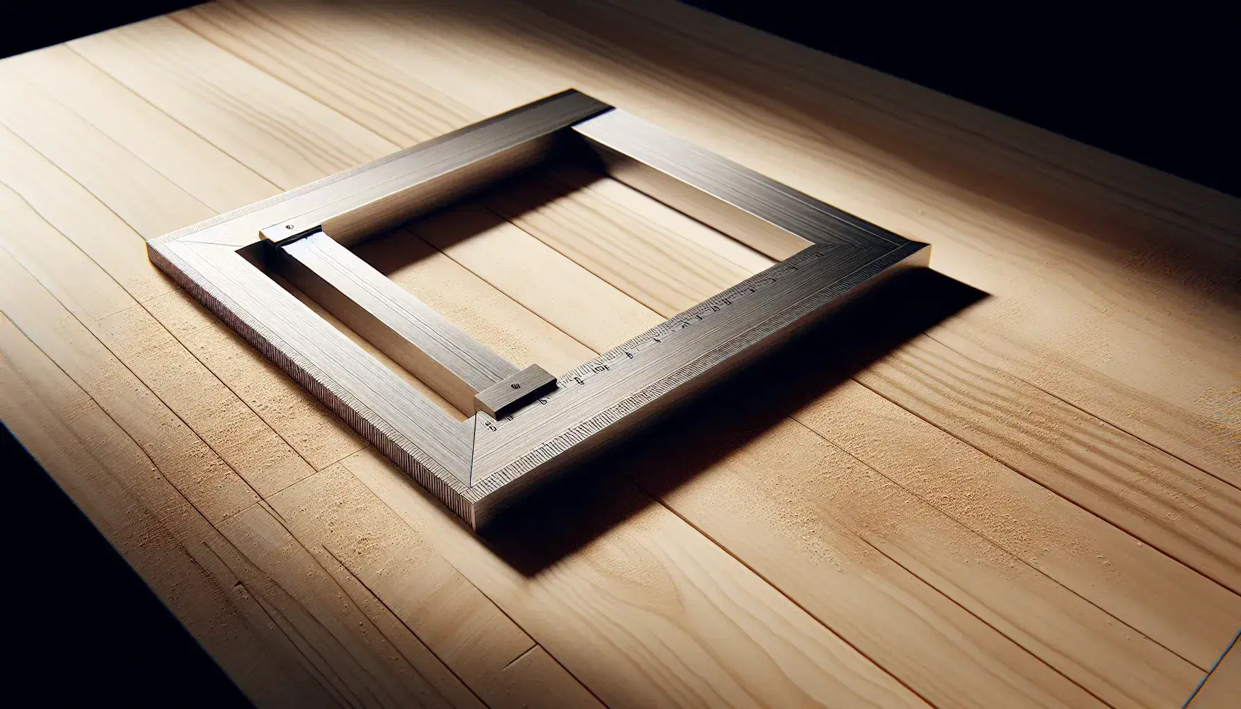 Carpenter's square on a wooden workbench, showcasing perpendicular arms with a soft shadow, amidst sawdust, highlighting precision in woodworking.
