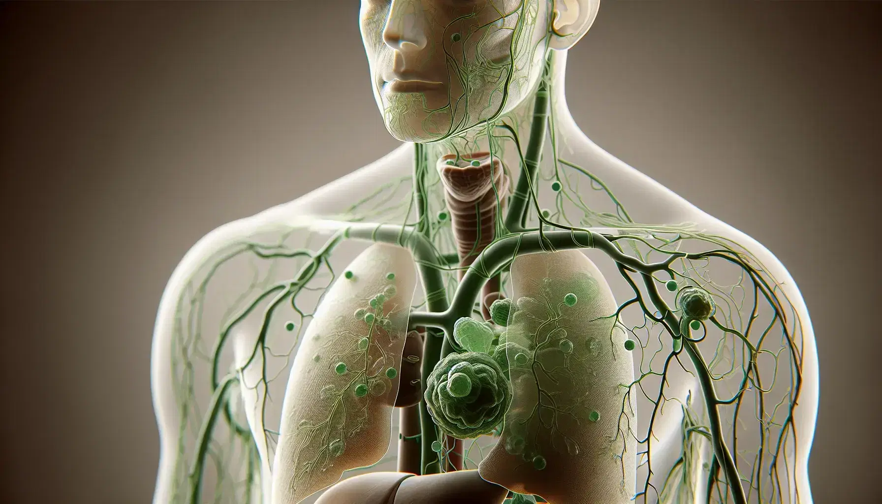 Detailed anatomical model highlighting the human lymphatic system with transparent green vessels, darker nodes, tonsils, thymus, spleen, and central heart.