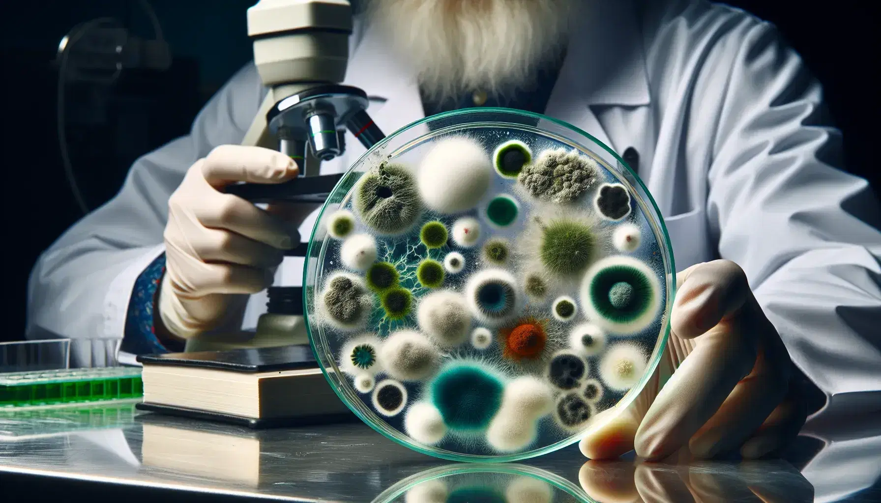Close-up view of colorful mold colonies in a petri dish with a lab technician examining them through a magnifying glass in a sterile lab environment.
