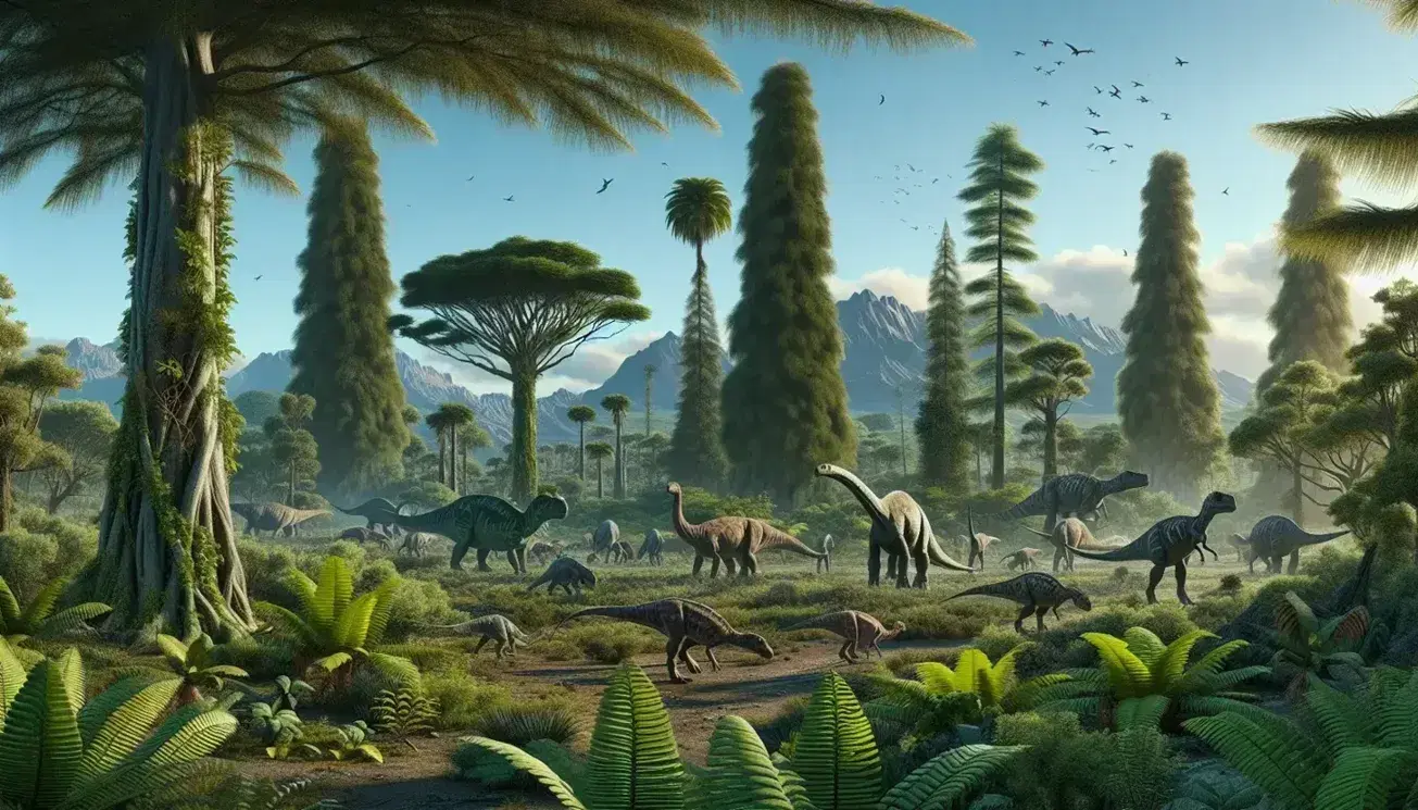 Paisaje prehistórico con dinosaurios herbívoros entre helechos y árboles coníferos, bajo un cielo azul con montañas al fondo.