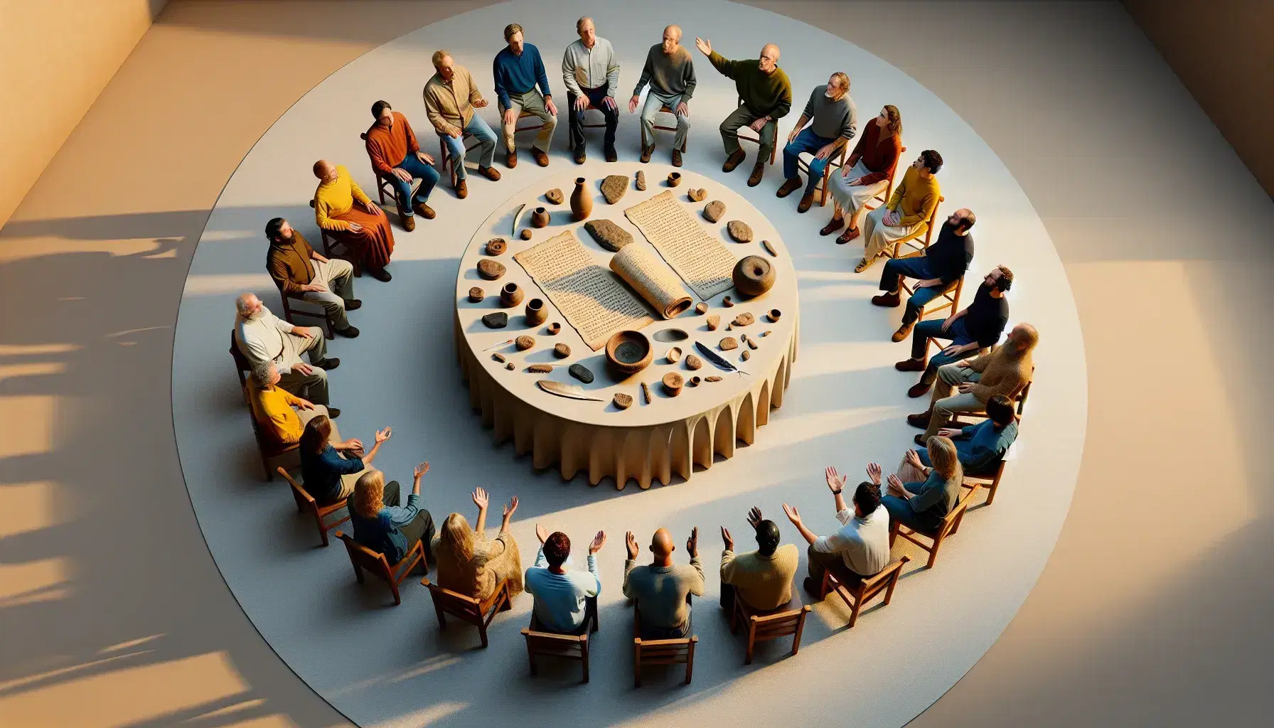 Grupo diverso de personas en discusión animada alrededor de una mesa con réplicas de artefactos antiguos bajo luz natural.