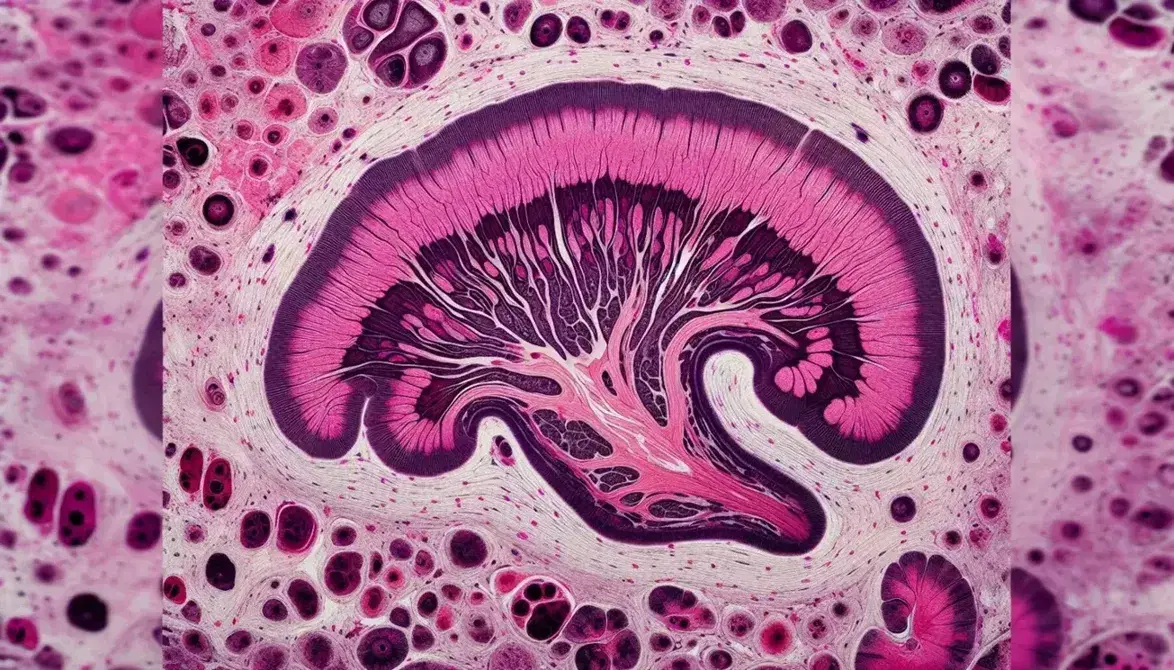 Vista microscópica de tejido cerebral teñido mostrando la estructura del hipocampo con células y fibras nerviosas en tonos de rosa y morado.