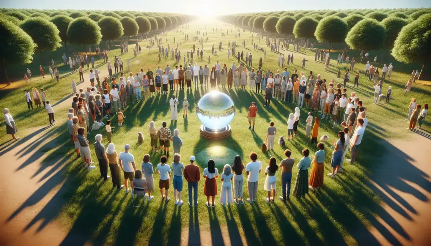 Grupo diverso de personas reunidas en círculo alrededor de una esfera de vidrio en un parque soleado, reflejando la luz y rodeados de naturaleza.