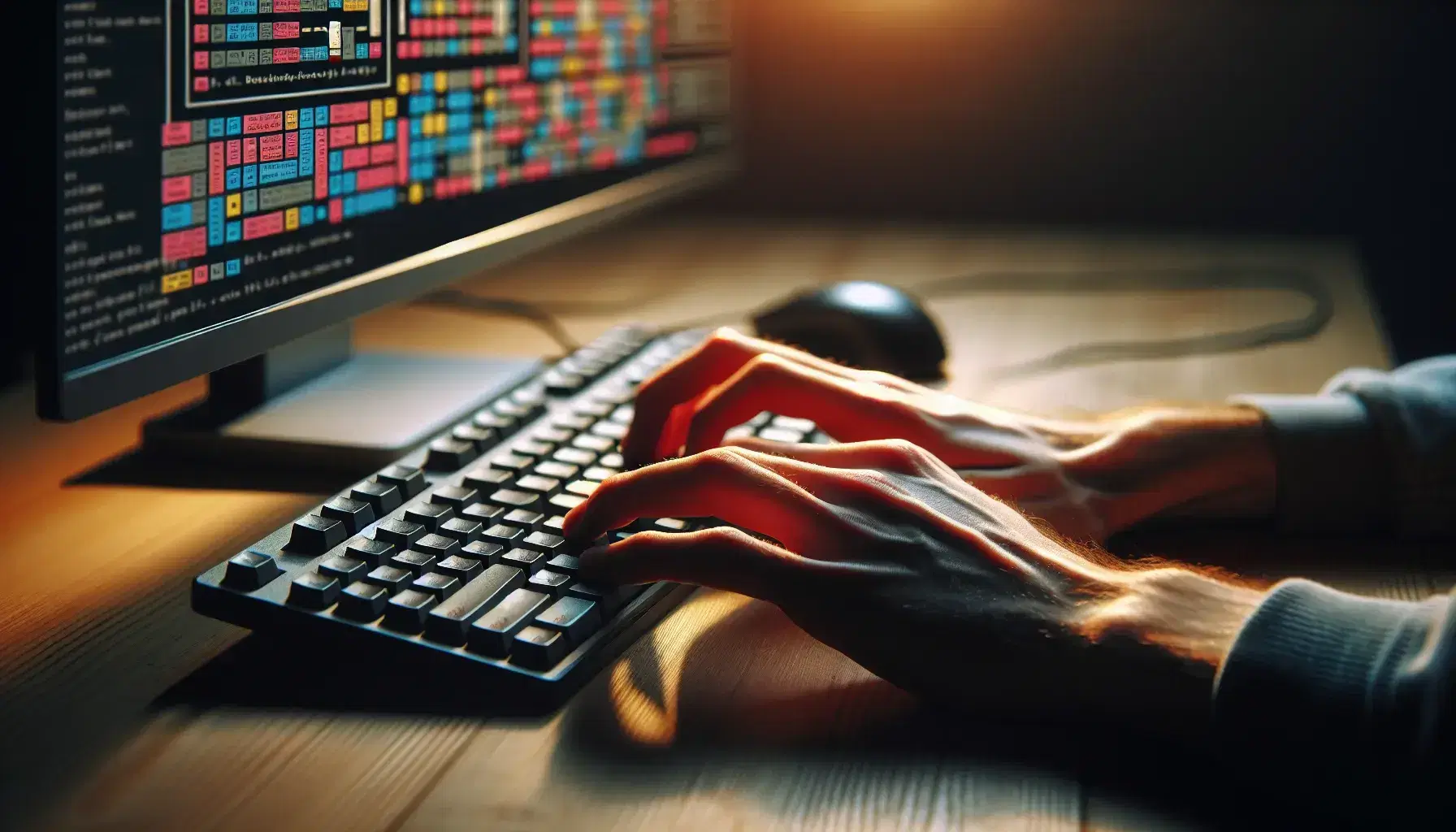 Manos tecleando en teclado de computadora sobre mesa de madera con monitor mostrando interfaz de programación con bloques de colores.