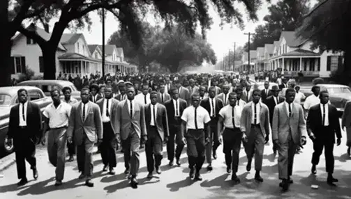 Civil rights march in the 1960s, African Americans in period clothing with visible weapons, walk resolutely under leafy trees.