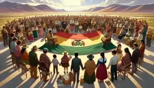 Grupo multicultural con vestimenta tradicional y casual rodea bandera boliviana ondeante bajo cielo azul, algunos tocan la flauta de pan y otros sostienen libros.