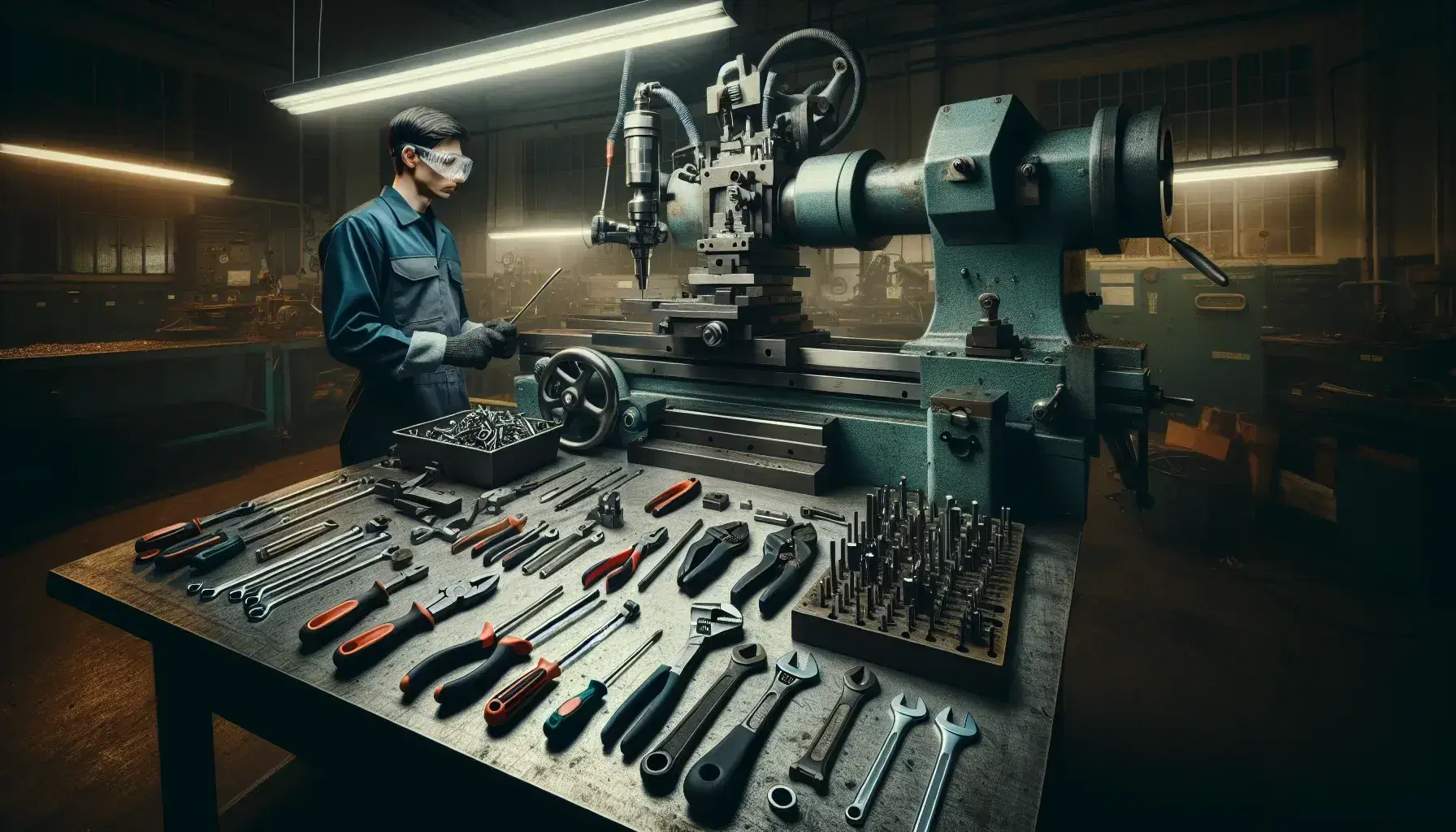 Mesa de trabajo en taller mecánico con herramientas manuales y tornillo de banco, operario con equipo de seguridad manejando torno mecánico en el fondo.
