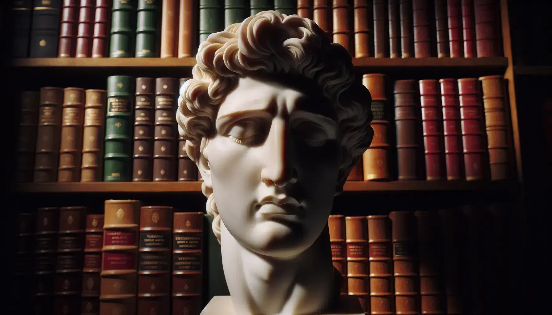 Escultura clásica de rostro humano en mármol con detalles finos, frente a estantería de libros encuadernados en cuero, evocando estudio y reflexión.