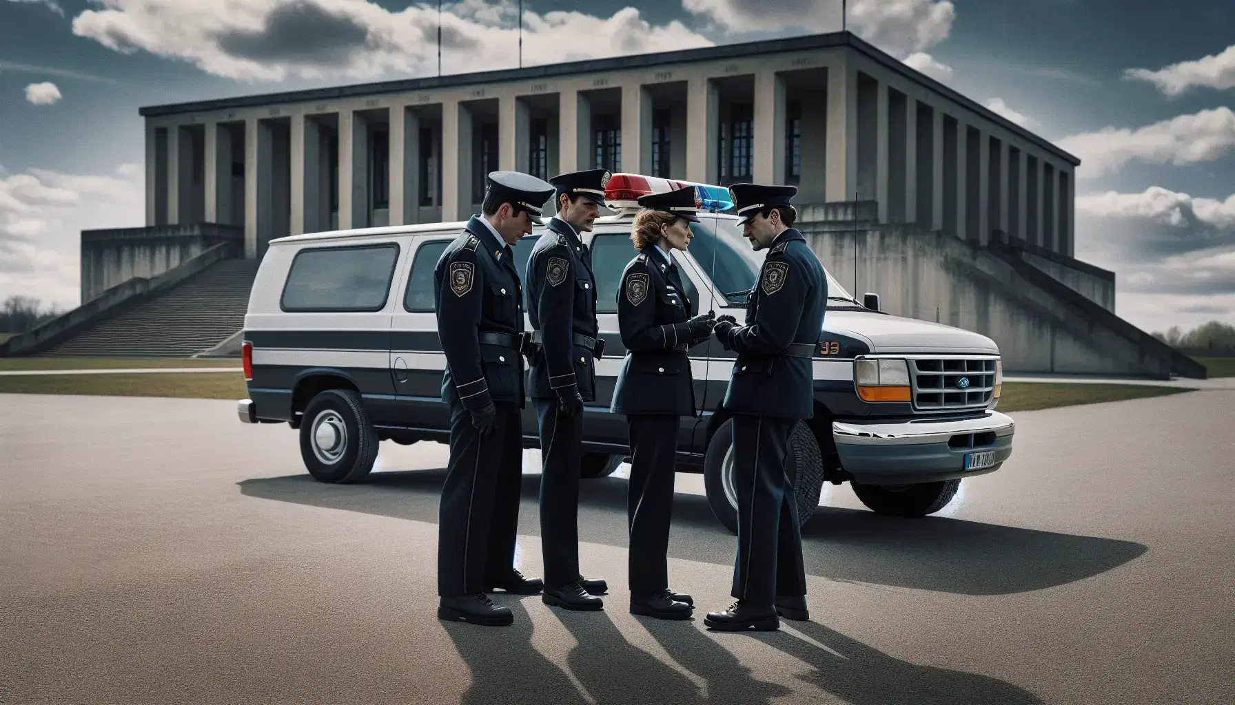 Grupo de tres personas con uniformes oscuros conversando seriamente frente a vehículo blanco con luces de emergencia, estructura de concreto y cielo parcialmente nublado al fondo.