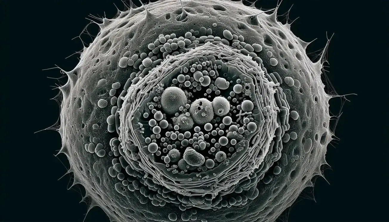 Micrografía electrónica de alta resolución de célula eucariota con núcleo, cromatina, nucleolo, orgánulos como mitocondrias y lisosomas, y membrana celular.