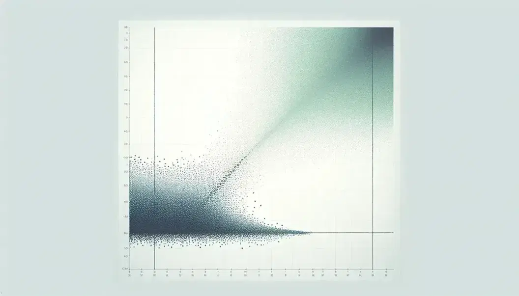 Scatter plot with two clusters, a blue one at the bottom left and a green one at the top right, separated by a gray curved line on a white background.