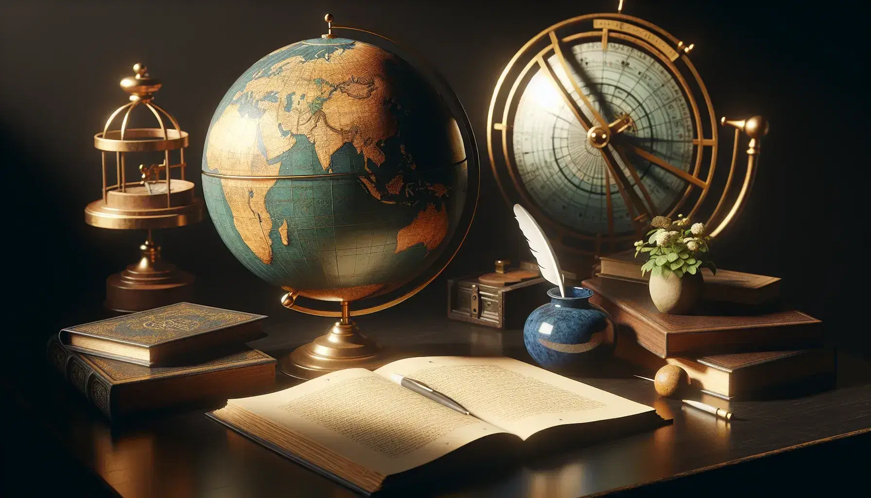 Mappamondo terrestre con rilievi su scrivania in legno scuro, accanto a libro aperto, penna d'oca e calamaio blu, con astrolabio in ottone sullo sfondo e pianta verde.