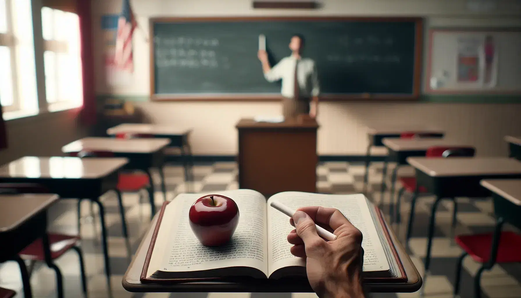Teacher's desk with open textbook and shiny red apple, clean chalkboard, and hands holding chalk ready to write, in an empty classroom with blurred desks.