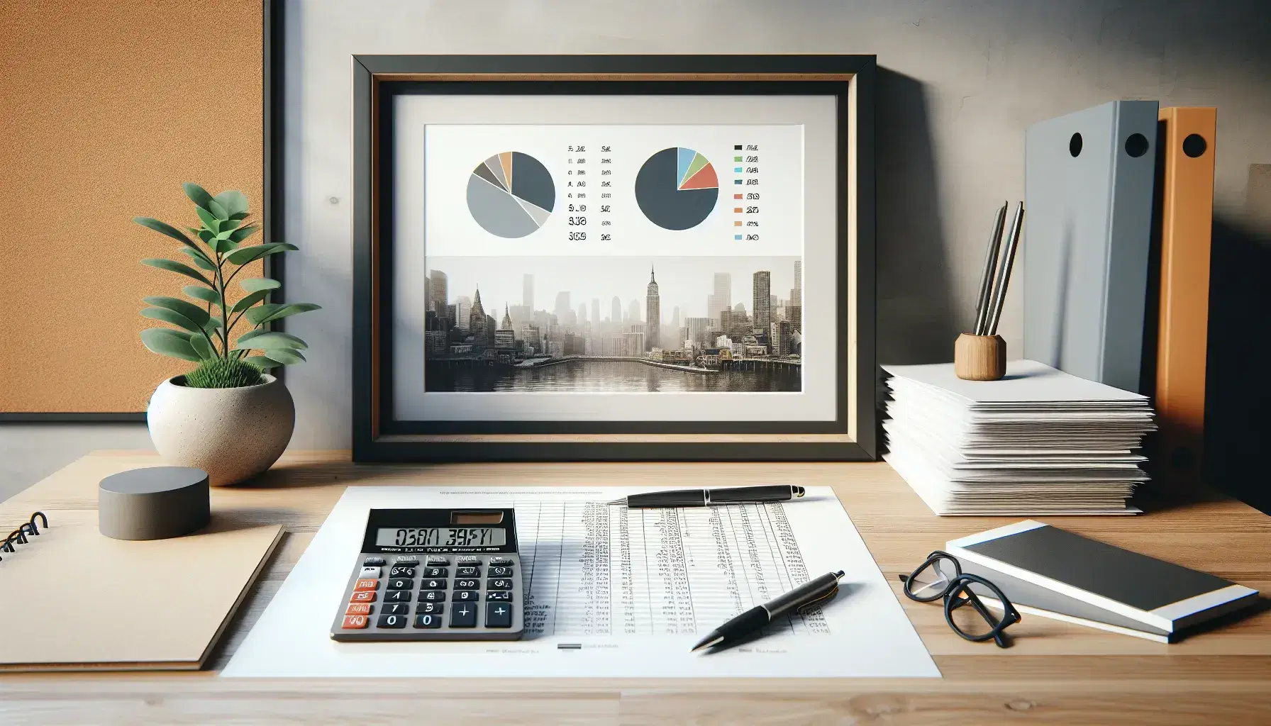 Escritorio de oficina con calculadora gris apagada, papel con gráfico de pastel, hojas blancas, bolígrafo azul y marco con foto en blanco y negro de ciudad.
