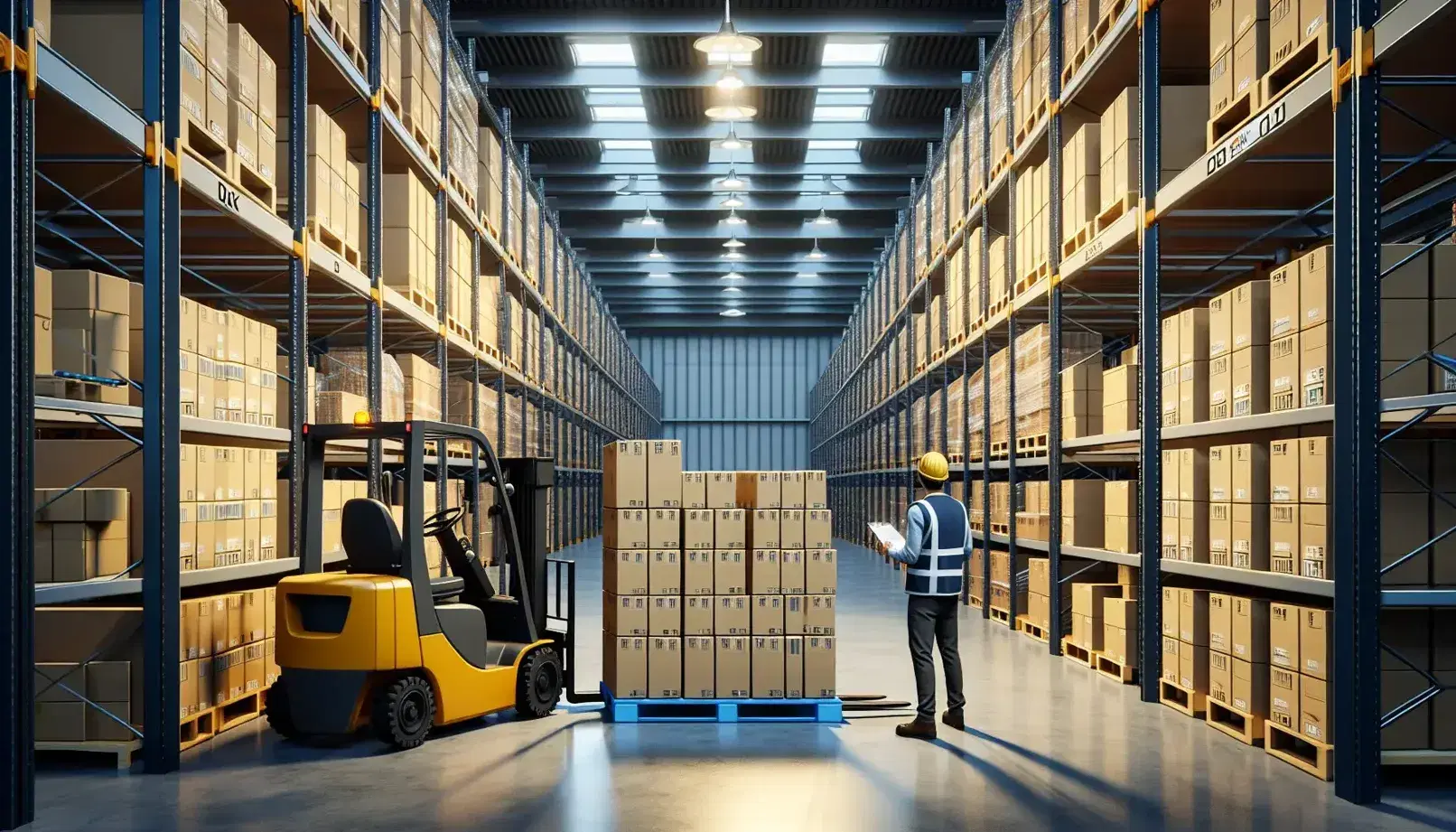 Warehouse worker operates yellow forklift lifting blue pallet with boxes, shelves with inventory, and red truck at loading dock in background.