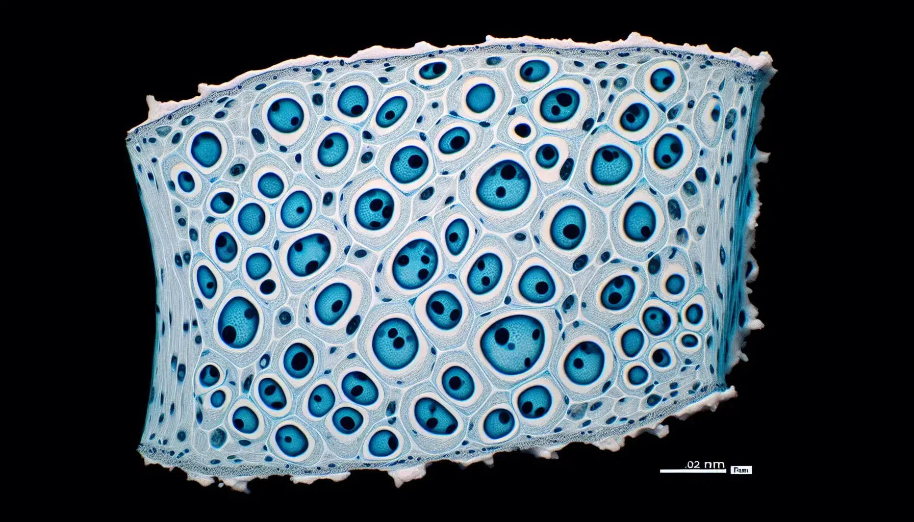 Corte transversal de cartílago hialino bajo microscopio óptico mostrando matriz extracelular azul claro y grupos de condrocitos en lacunas.