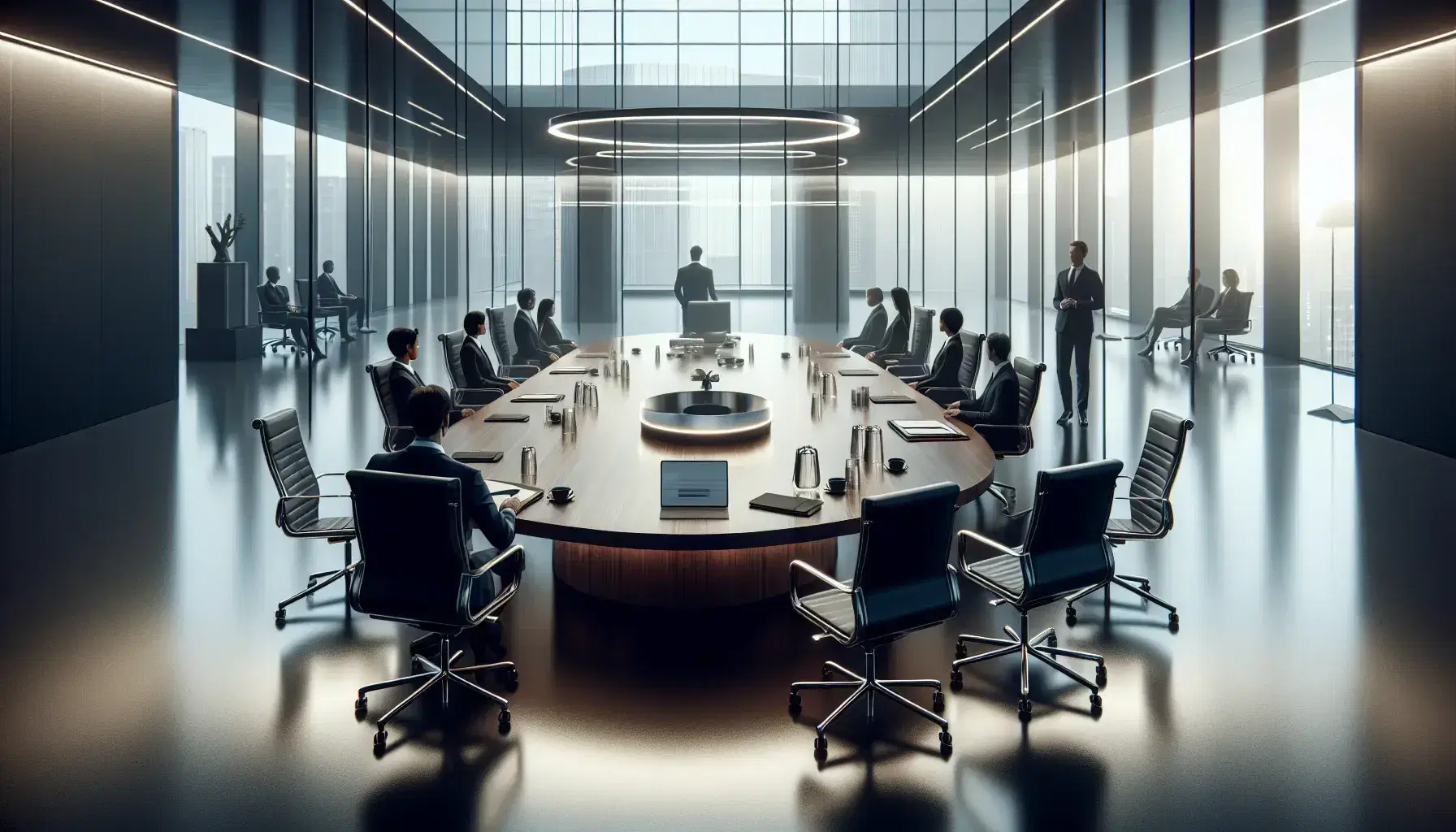 Modern boardroom with oval wooden table, black leather chairs, laptops, water bottles, and a silver centerpiece, surrounded by glass walls with cityscape view.