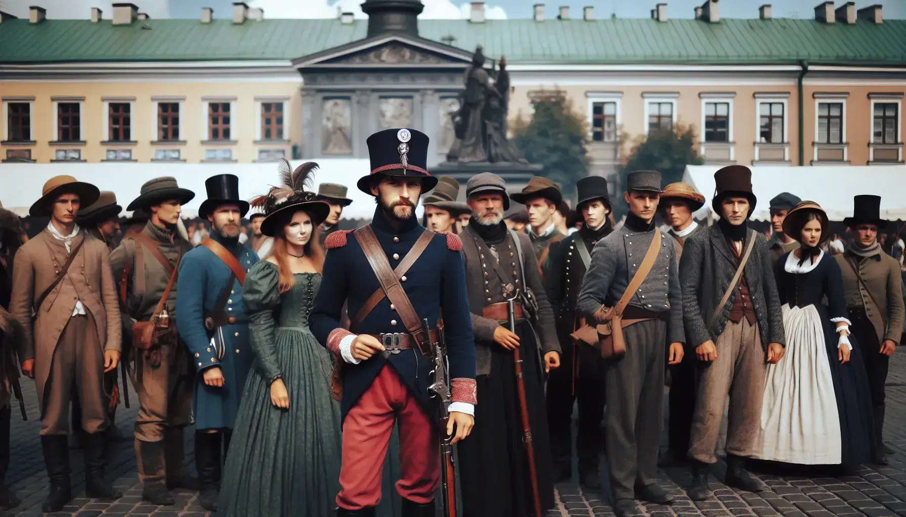 Rievocazione storica ottocentesca con uomini in uniformi militari e donne in abiti d'epoca su sfondo di piazza antica.