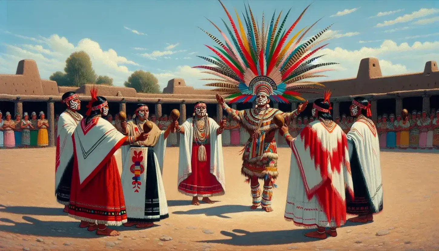 Danza ceremonial de indígenas mexicanos con trajes tradicionales, destacando un hombre con tocado de plumas multicolor y danzantes con faldas rojas y blancas en un entorno natural.