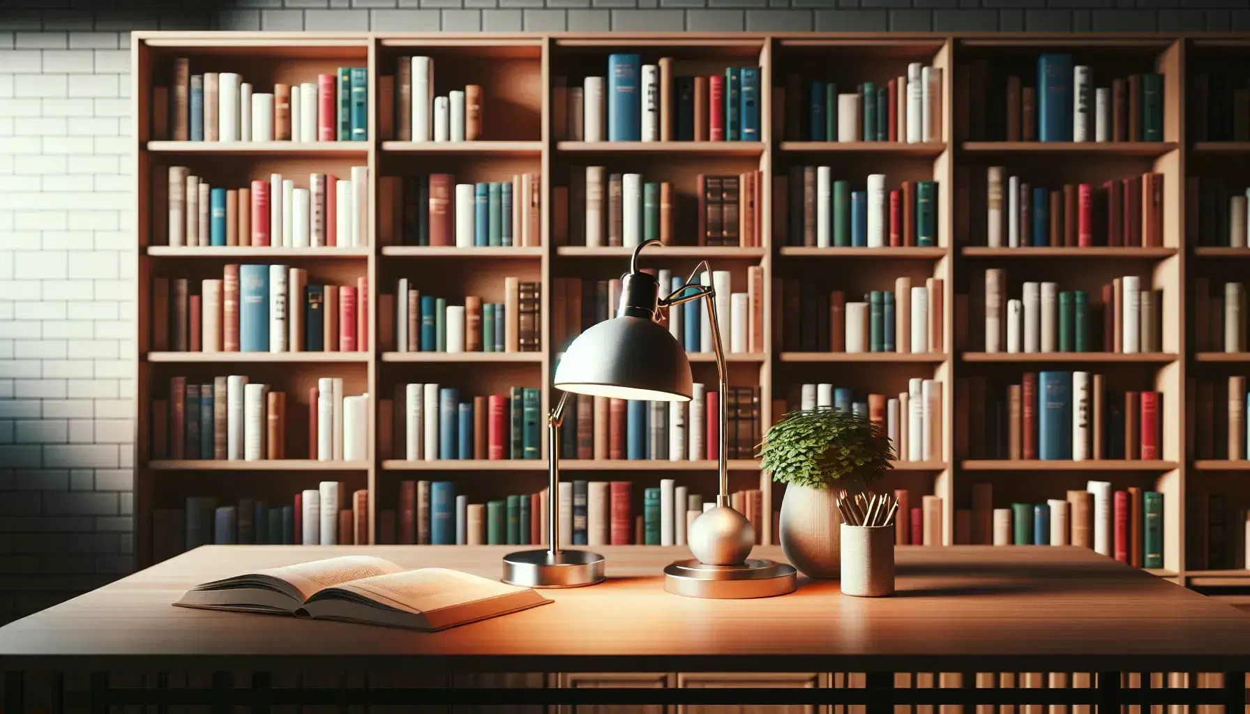 Biblioteca con estantes de madera llenos de libros coloridos, mesa con lámpara de metal y planta verde, ambiente acogedor y enfocado en estudio.