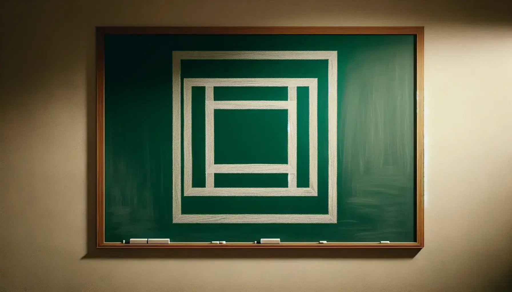 Chalkboard with a large white square containing four smaller shaded blue squares, each corner marked by a white circle, against a beige wall.