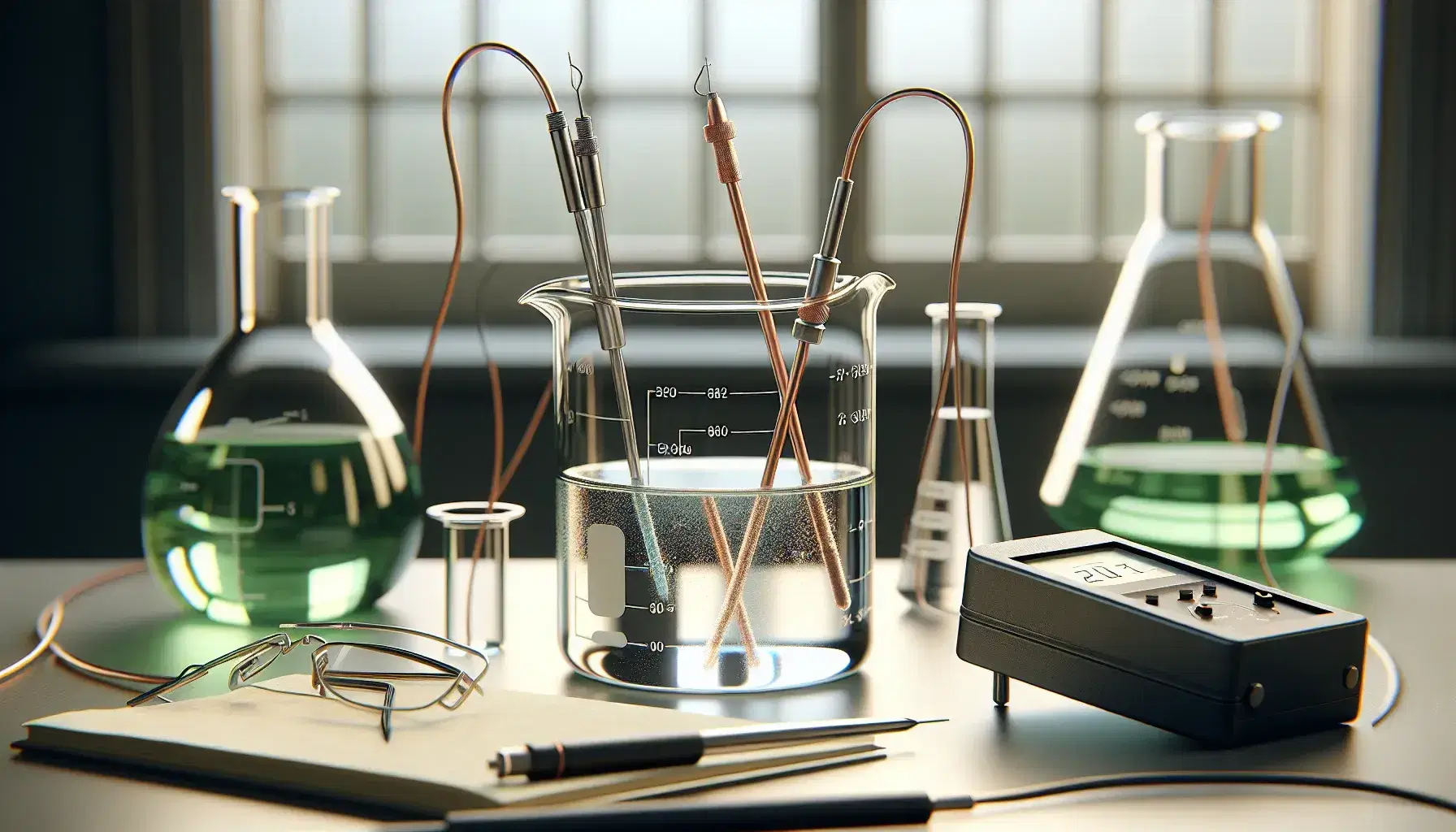 Galvanic cell experiment in the laboratory with electrodes immersed in beakers of colorless liquid, voltmeter, graduated cylinder with green liquid and various equipment.
