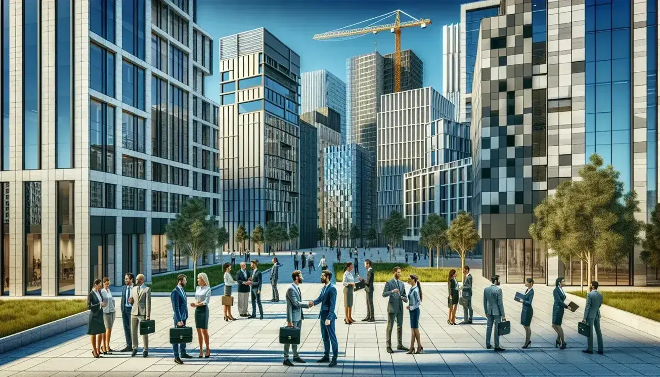 Professionals engage in conversation on a sidewalk in a Spanish urban district with modern buildings, a construction site, and a crane against a skyline.