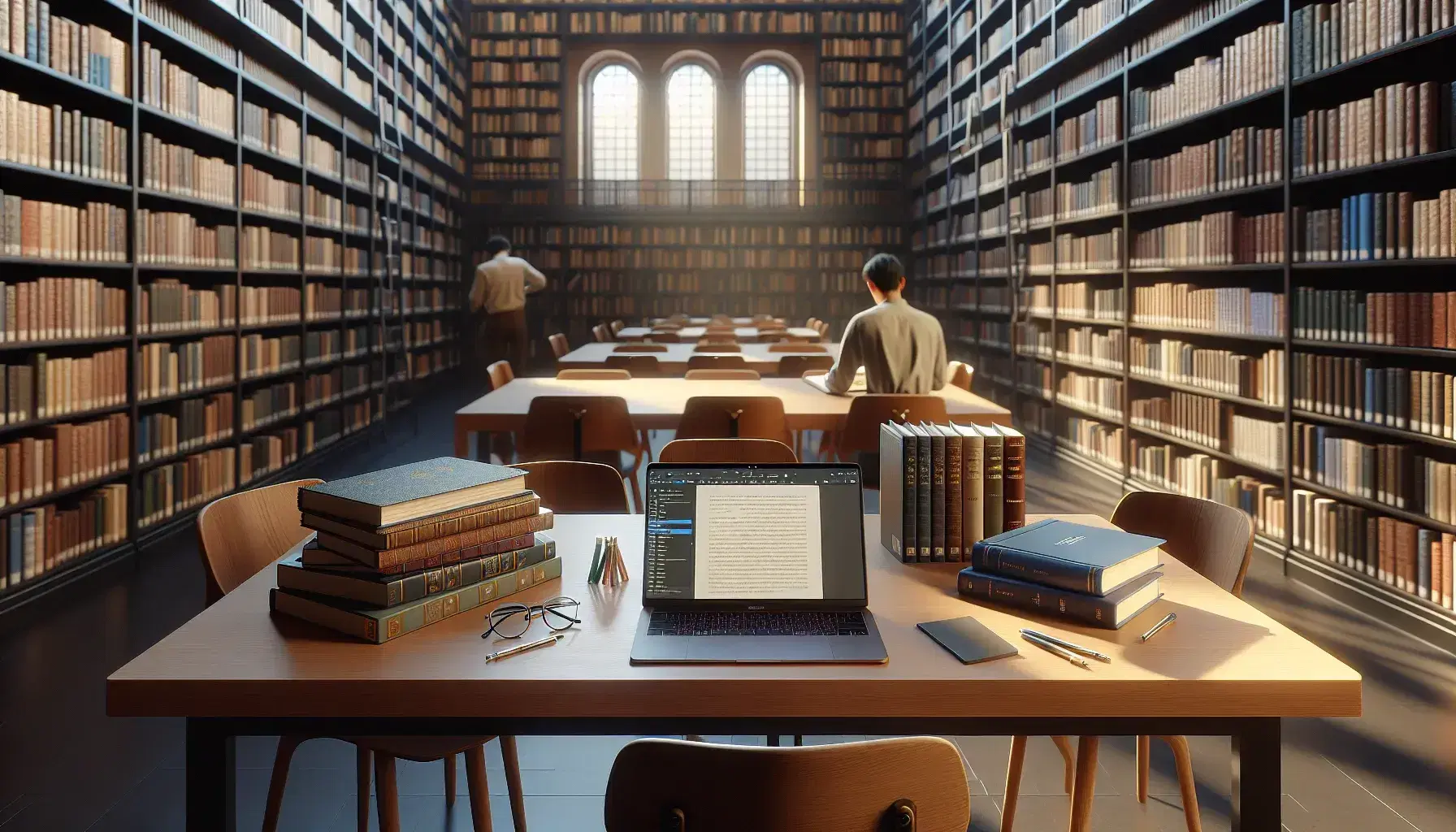 Biblioteca universitaria iluminada con estanterías de madera oscura llenas de libros, mesa de estudio con libros abiertos, laptop y gafas, y una persona buscando material.