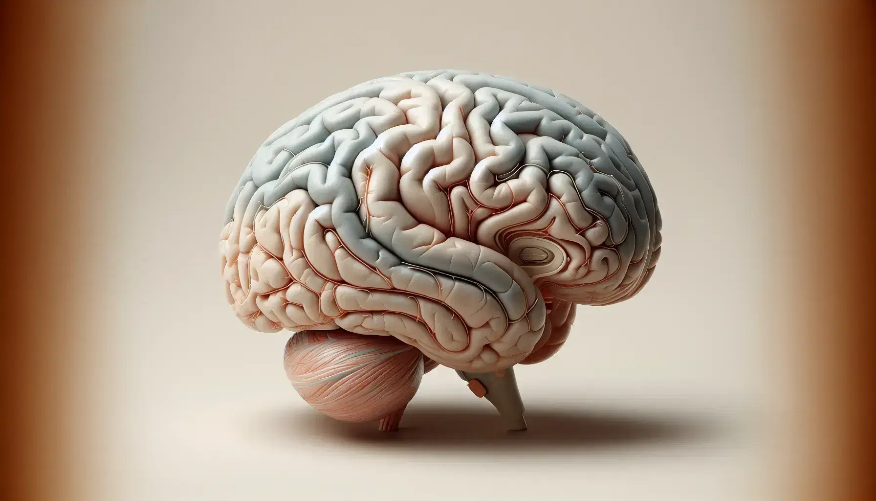 Detailed anatomical model of the left hemisphere of the human brain with motor cortex highlighted in shades of blue.