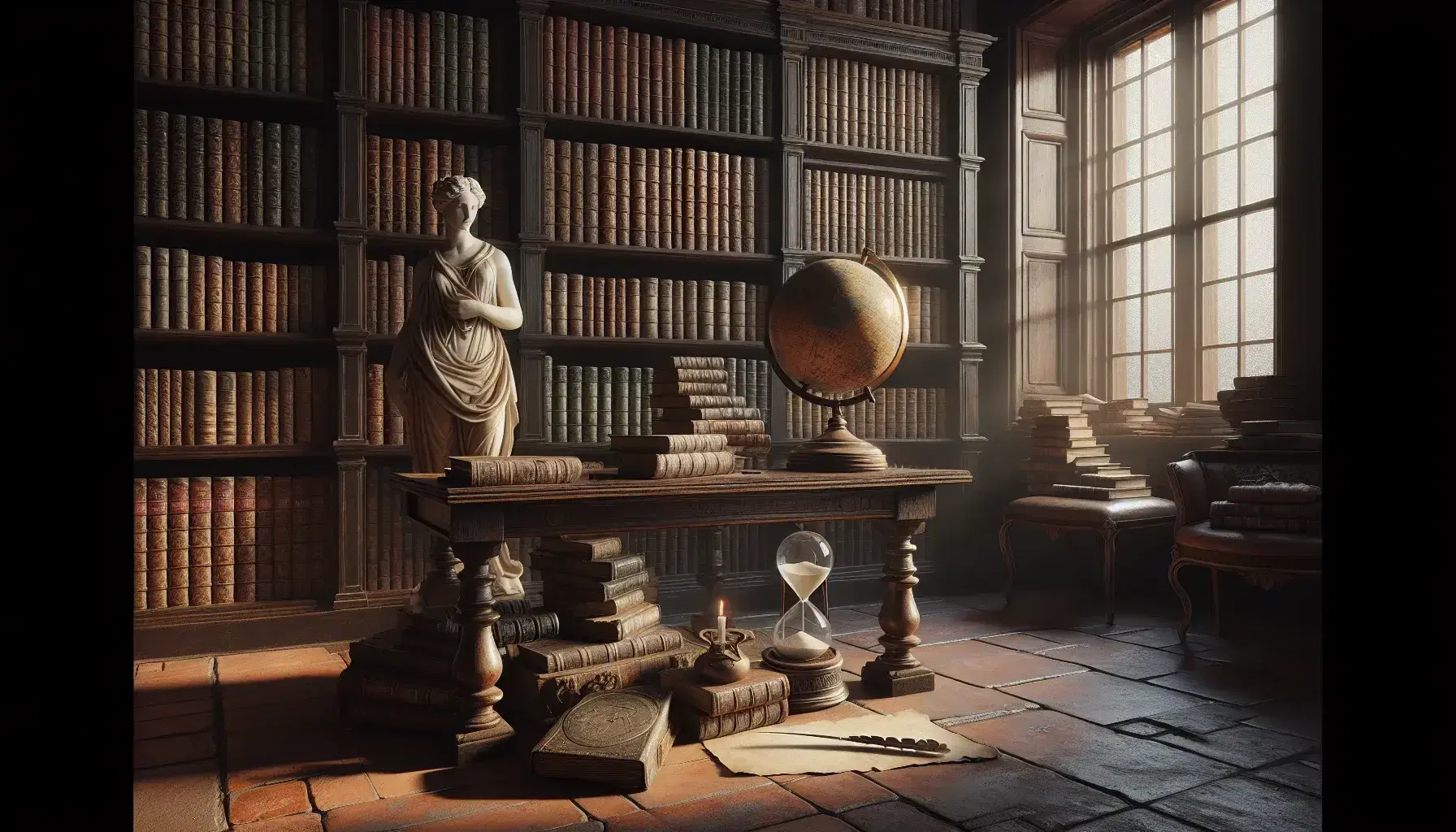 Biblioteca antigua con estanterías de madera oscura llenas de libros, mesa central con globo terráqueo antiguo y reloj de arena, escultura de mármol y luz natural entrando por ventana.