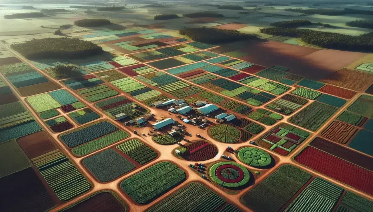Vista aérea de campos agrícolas con parcelas geométricas, granja central, tractores en caminos de tierra y un pequeño bosque en la esquina.