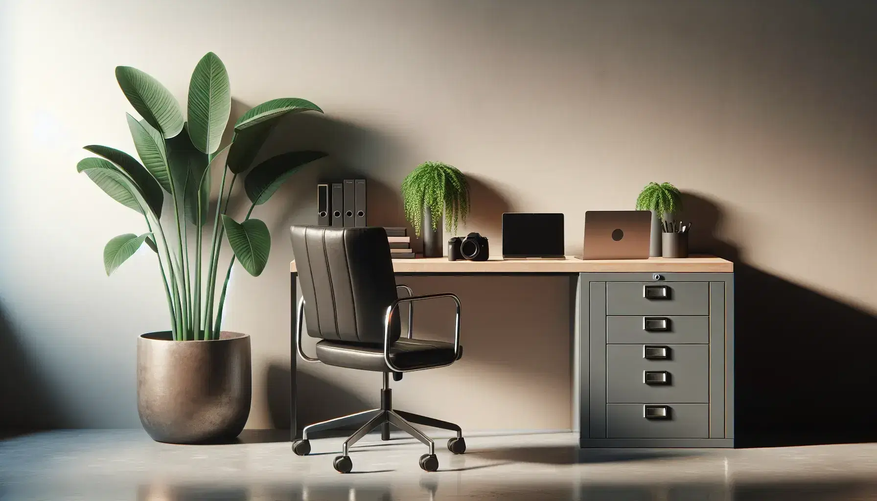 A professional workspace with a gray desk, black office chair, blue filing cabinet, green potted plant, and a camera with a laptop on a wooden table.