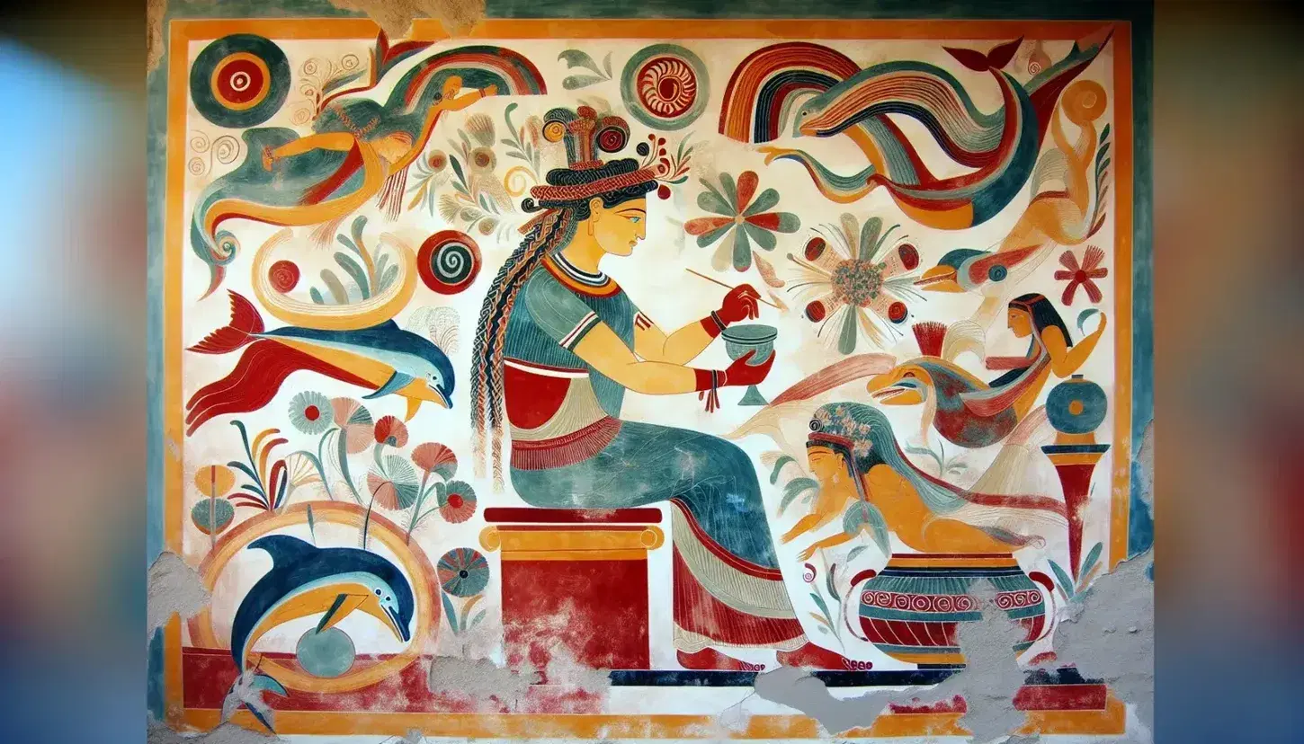 Affresco minoico ben conservato con figura umana in abiti colorati e dettagli naturalistici come fiori e animali.
