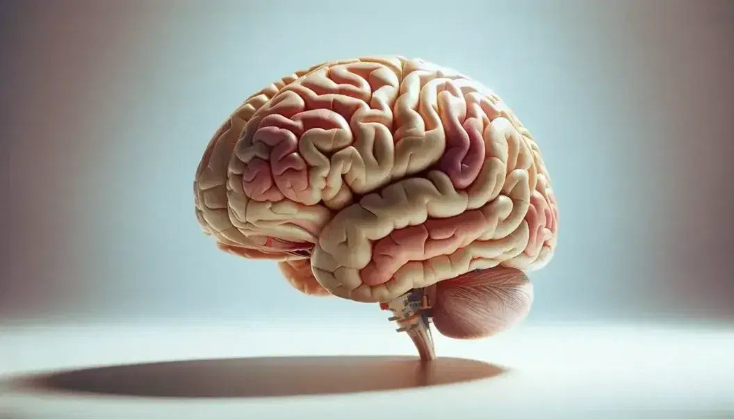 Detailed human brain model bisected sagittally, showcasing cerebral cortex folds, hemispheric division, thalamus, and brainstem on a light background.