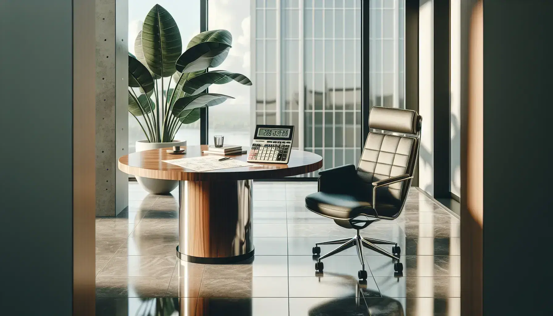 Modern office with natural light, a round wooden table featuring a calculator and blank papers with charts, beside an ergonomic black office chair and a potted plant.