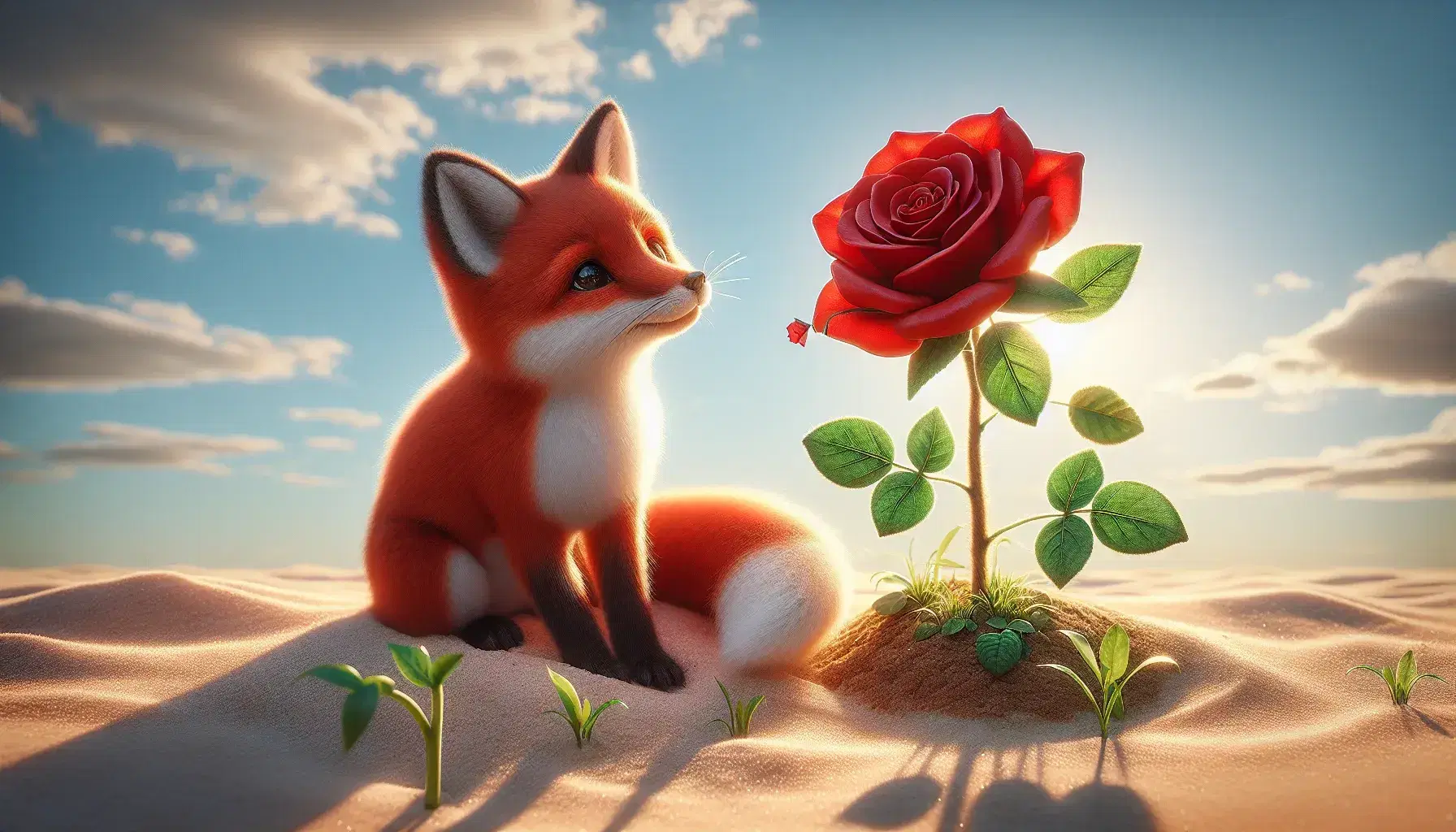 Zorro pequeño de pelaje naranja-rojizo y detalles blancos sentado en arena fina junto a una rosa roja en plena floración bajo un cielo azul con nubes dispersas.