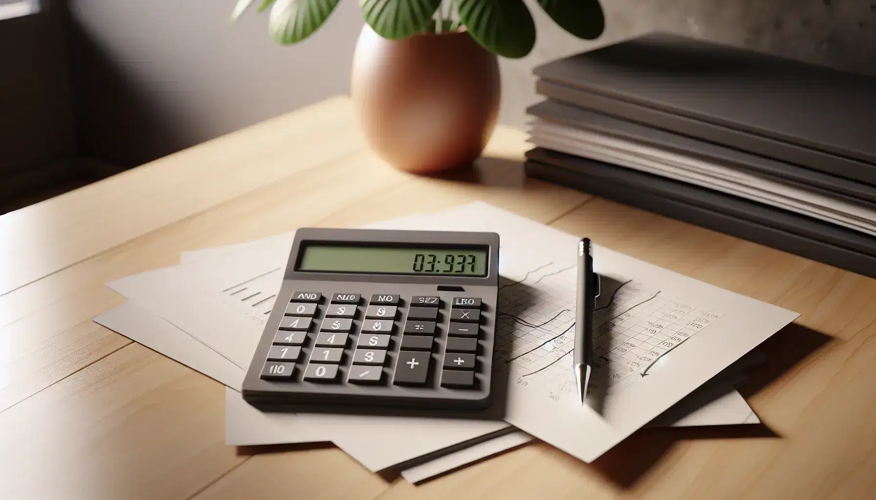 Escritorio de oficina con calculadora gris, papeles con gráficos y lápiz mecánico, junto a planta interior en maceta de terracota.