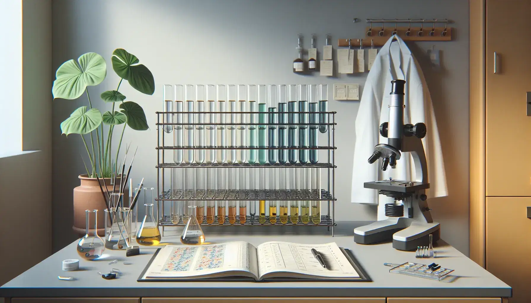 Laboratory workbench with test tubes in a rack, colorful liquids, a microscope with a slide, a potted plant, a lab coat, and an open notebook with a pen.